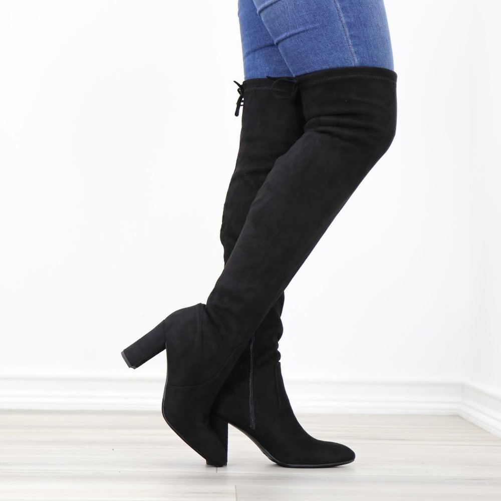 NWT Black Thigh High Over The Knee  Block High Heel Boots Pointy Toe Faux Suede